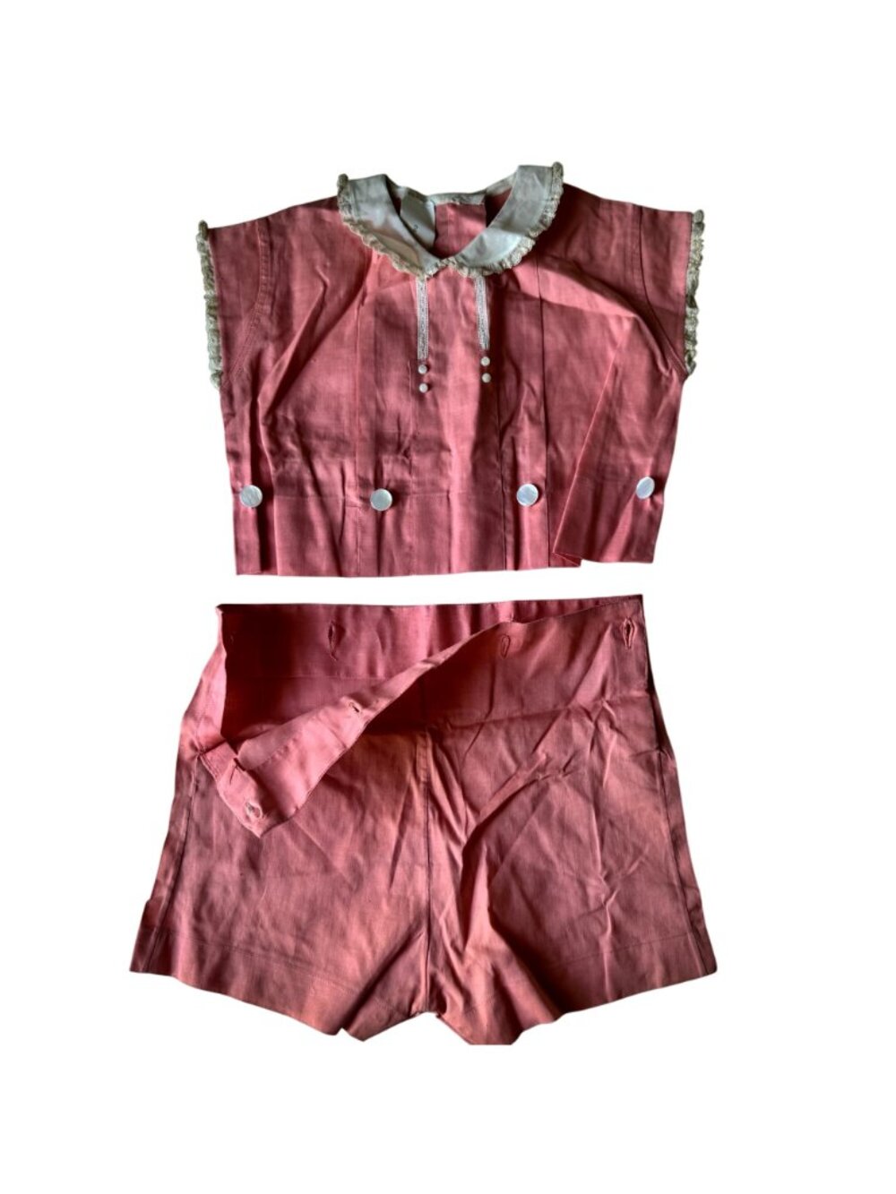 Vintage 1940s Childs Peach Pink Romper Shorts Lace Trim & Buttons 2 Piece - Picture 10 of 15